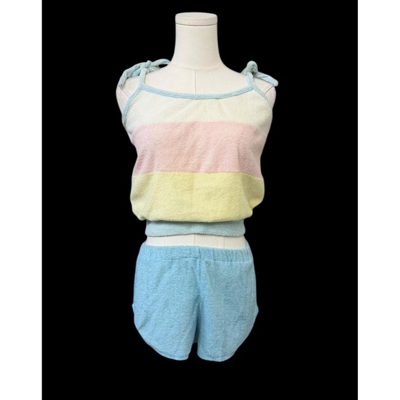 True Vintage 70s Terry Cloth Shorts Set Womens L Jrs Pastel Lounge Beach Surfer